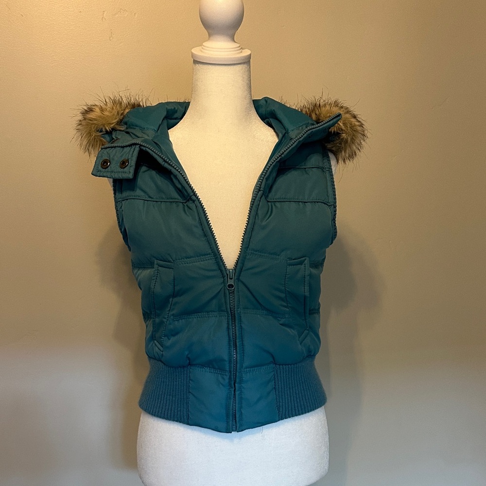 Aeropostale Teal Hooded Vest with Faux Fur Trim